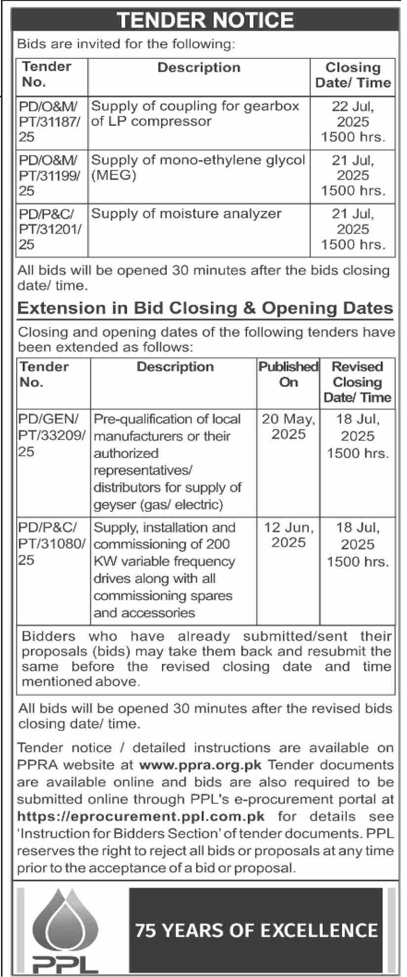 PPL Tender Notice